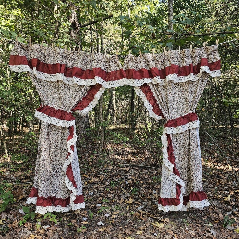 Vintage Country Floral Ruffled Curtains with Attached Valance & Tiebacks